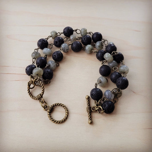 **Labradorite and Lava Triple Strand Bracelet 808k-0