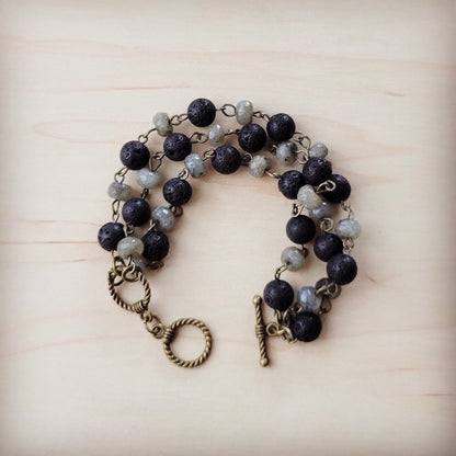 **Labradorite and Lava Triple Strand Bracelet 808k-3