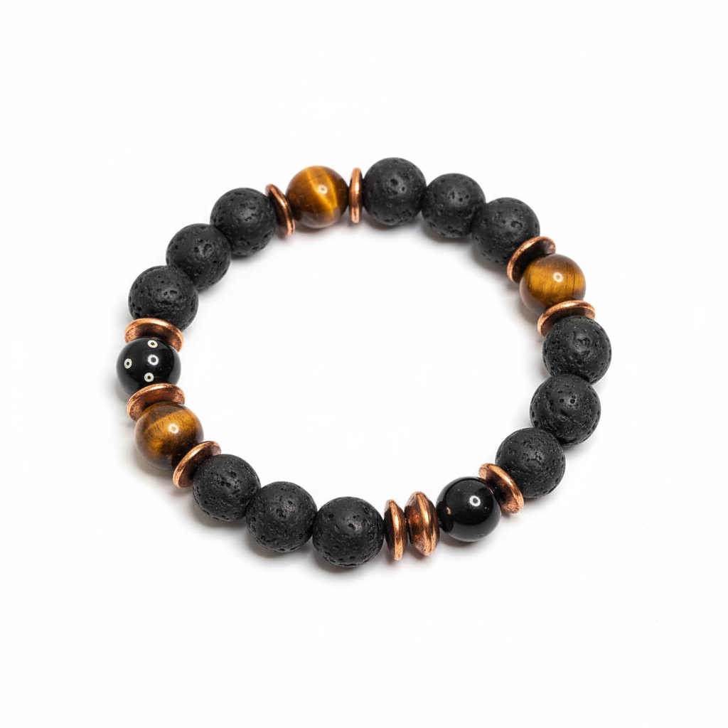 Black Lava and Tiger eye stone Bead Bracelet-0