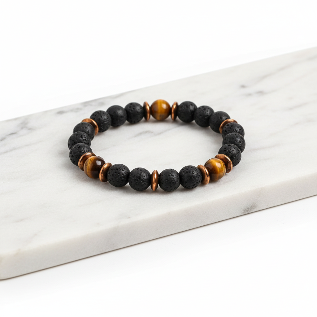 Black Lava and Tiger eye stone Bead Bracelet-1