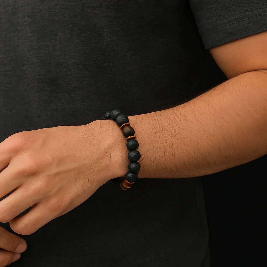 Black Lava and Tiger eye stone Bead Bracelet-2