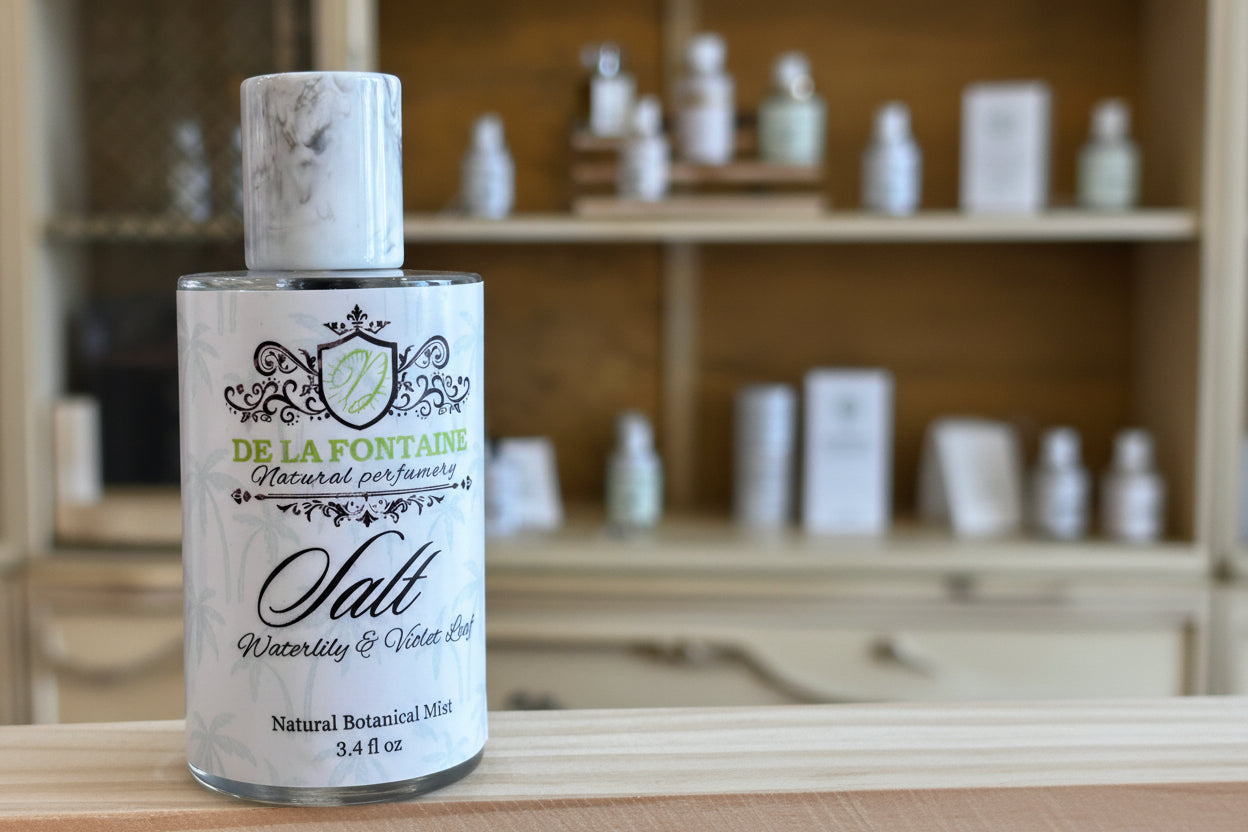 Bottle of De La Fontaine Salt Waterlily & Violet Mist  holistic natural 