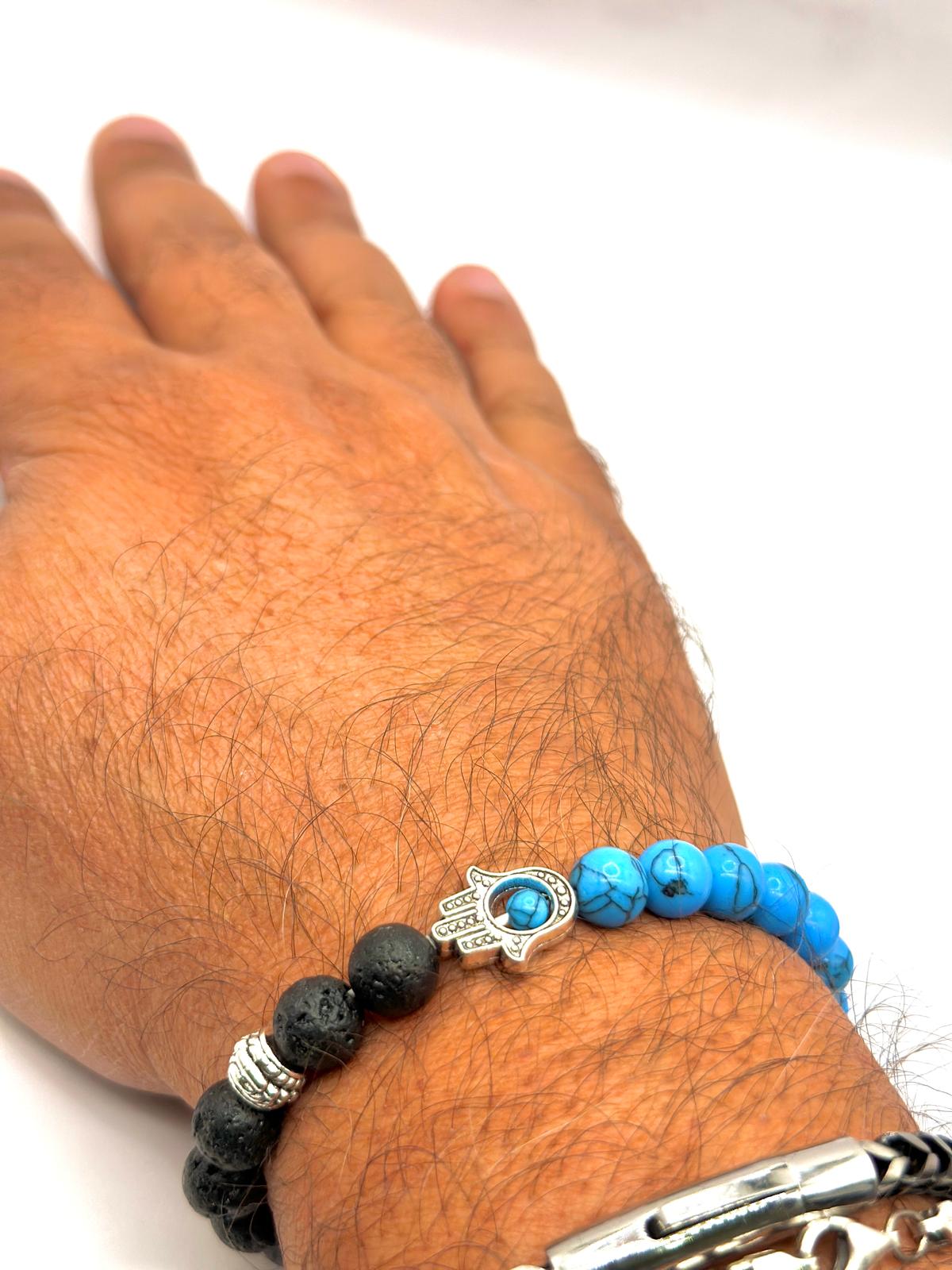 Hamsa Beaded Bracelet – Black Lava & Blue Howlite-1