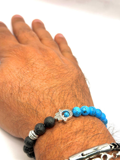 Hamsa Beaded Bracelet – Black Lava & Blue Howlite-1