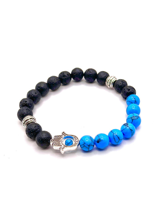 Hamsa Beaded Bracelet – Black Lava & Blue Howlite-0