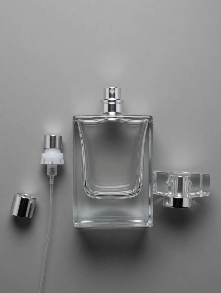 Flint glass heavy quality clear glass perfume bottle Crimp-less, snap-on pump. 1.7 fl oz