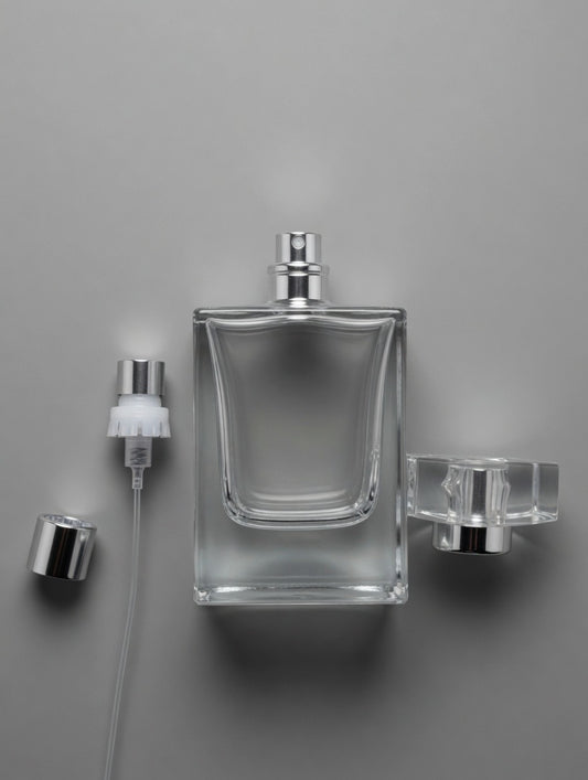 Flint glass heavy quality clear glass perfume bottle Crimp-less, snap-on pump. 1.7 fl oz