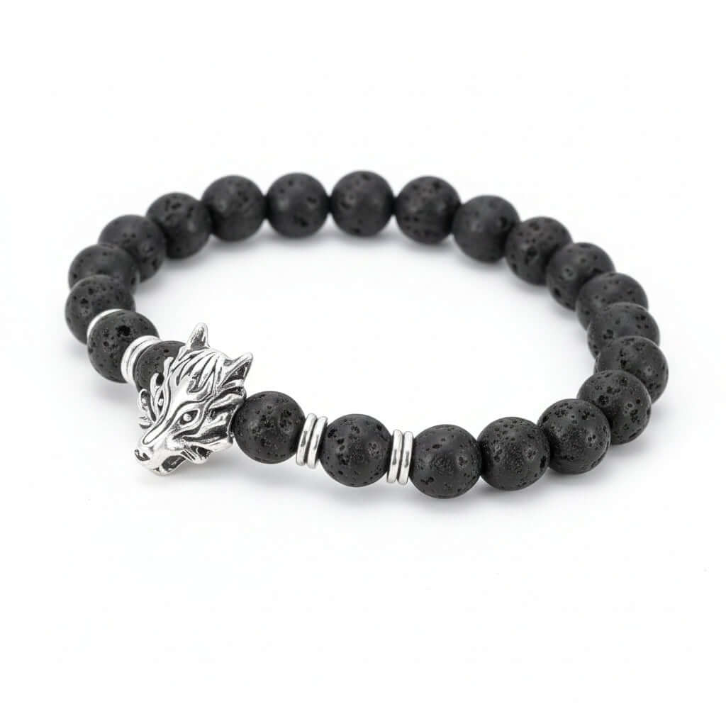 Lava stone bracelet with wolf head Asgard Crafted Grey Wolf Head-0
