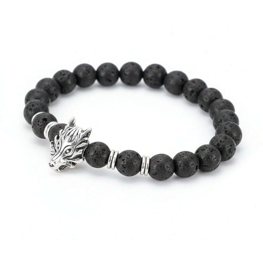Lava stone bracelet with wolf head Asgard Crafted Grey Wolf Head-0