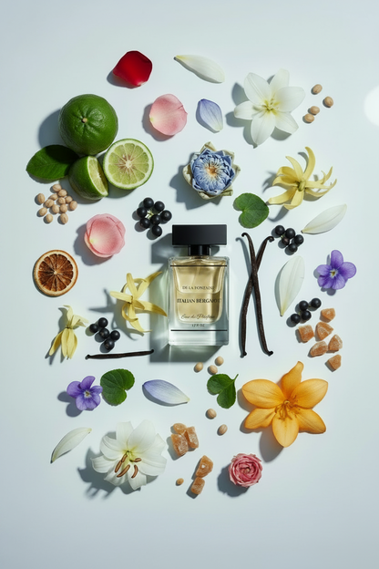 Italian Bergamot Botanicals Flatlay - Yellow Bottle